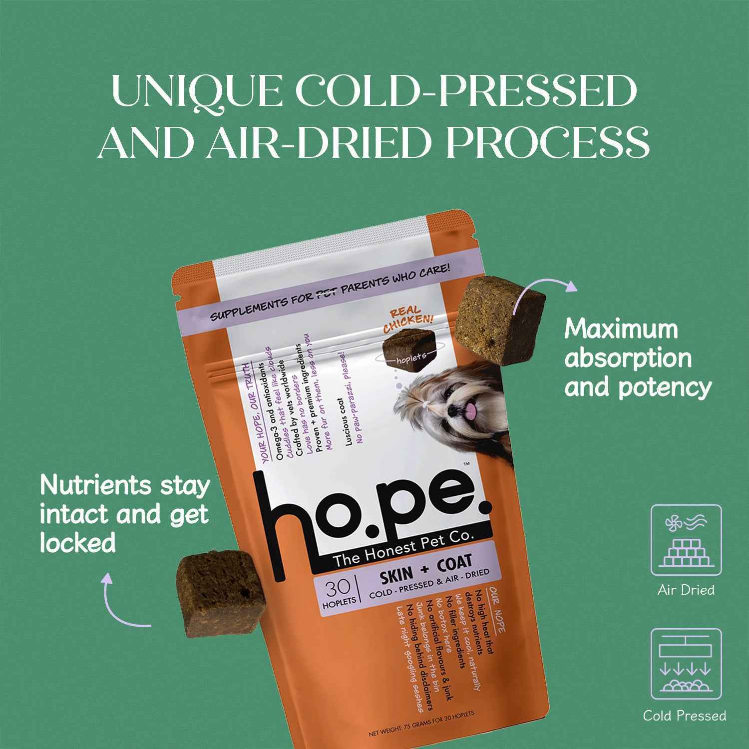 Skin + Coat Chicken Hoplet™ for Dogs | Shine & Itch Chew (90 Hoplets)